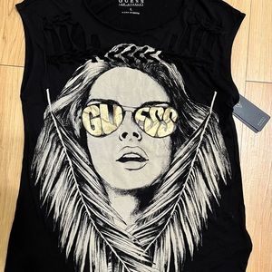 Guess Jeans Distressed Darling Graphic Black & Gold Tank Tee NWT!!